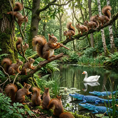 Enchanting Squirrel Flute Performance in Dense Forest
