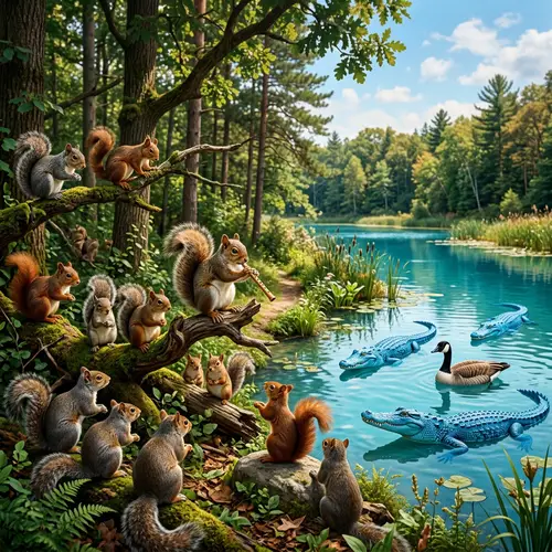 Enchanting Forest Vista: Squirrel Melodies and Azure Lagoon