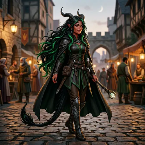 Tiefling Female with Black Hair and Green Streaks