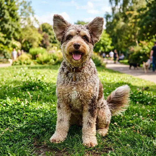 Furry Dog Sitting on Grassy Plot - Joyful and Colorful Companion