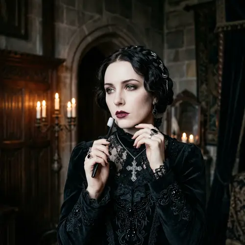 Gothic Inspired Close-Up Portrait of Woman with Toothbrush