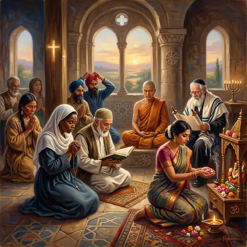 Unity in Diversity: Symbolic Oil Painting of Humanity's Religion