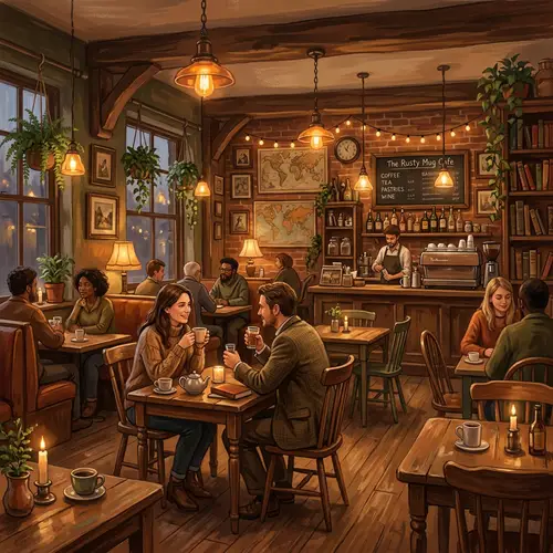 Cozy Café Interior Digital Painting in Earth Tones