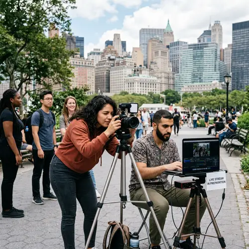 Urban Park IRL Streaming: Diverse Pair Prepares Live Video