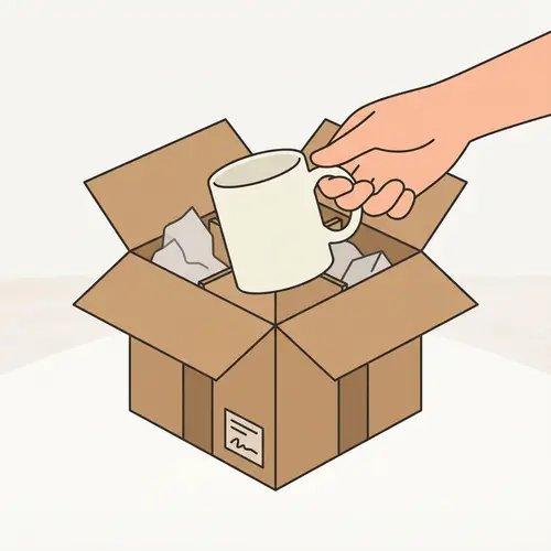 Minimalist Drawing of Hand Pulling Out Mug from Opened Box
