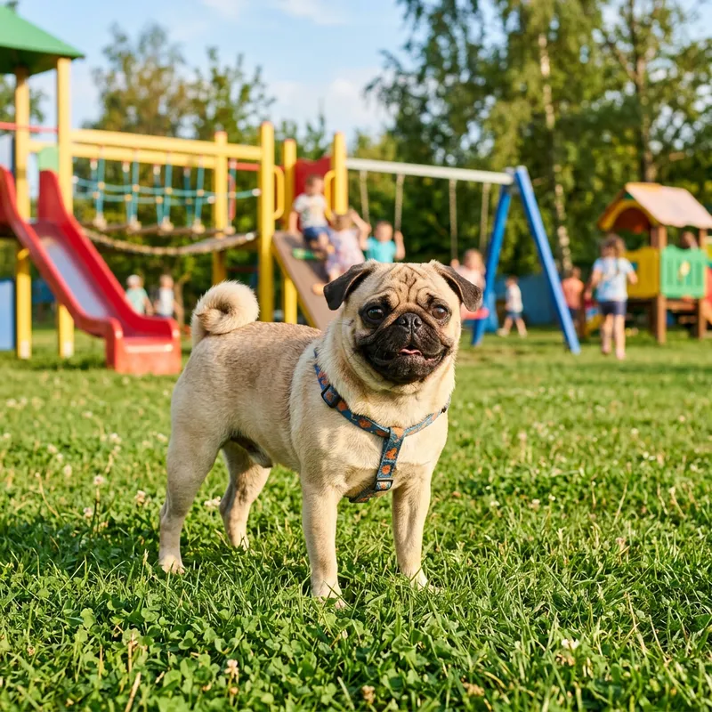 Cute Pug with Sparkling Eyes on Grassy Field