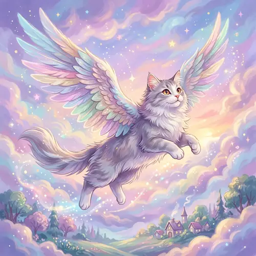 Whimsical Cat with Majestic Wings | Pastel Illustration