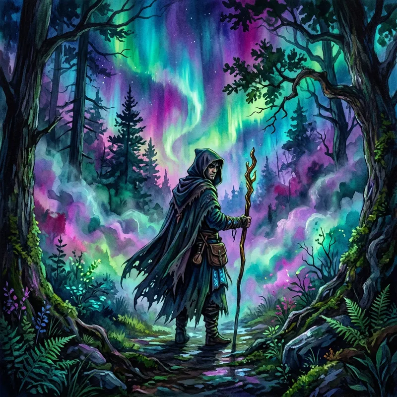 Mystical Figure in a Vibrant Forest Scene Mystical Figure in a Vibrant Forest Scene