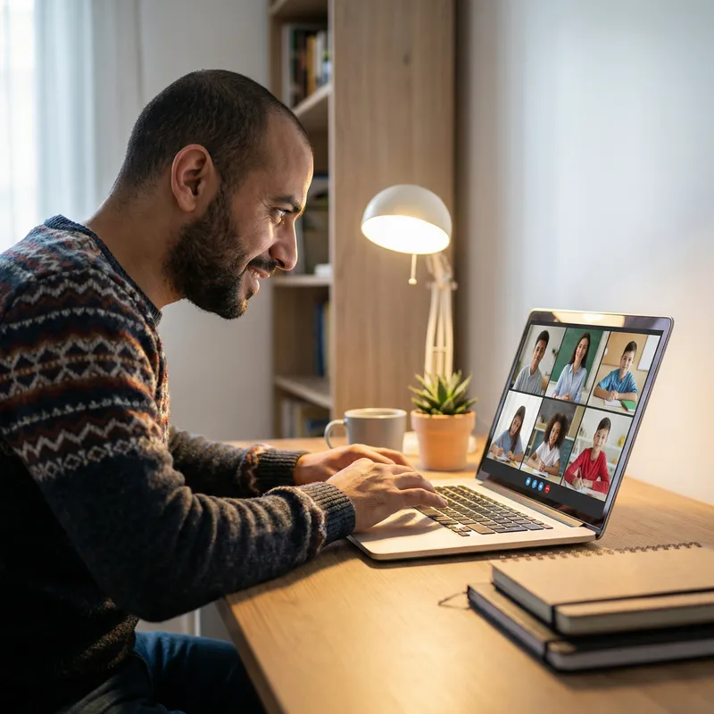 Adult Male Student Embarking on Online English Learning Journey