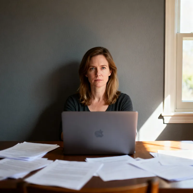 Focused Woman at Desk with Laptop and Papers Focused Woman at Desk with Laptop and Papers