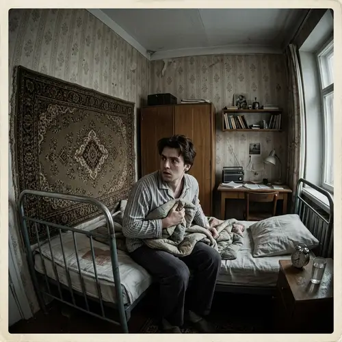 Vintage Soviet-style Scene of Young Man Alarmed at Home