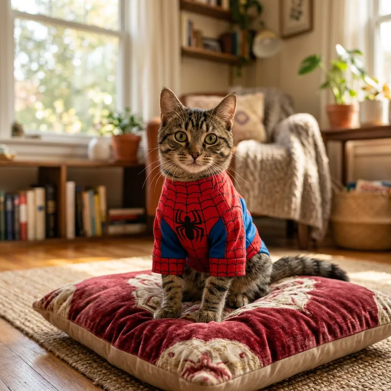 Adorable Cat in Spiderman Costume | Living Room Scene Adorable Cat in Spiderman Costume | Living Room Scene
