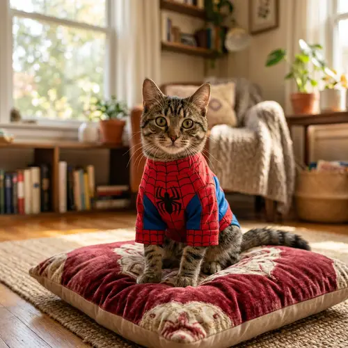 Adorable Tabby Cat in Custom Superhero Costume | Living Room Scene