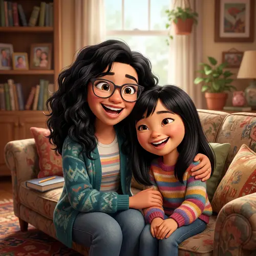 Happy Sisters with Wavy and Straight Black Hair