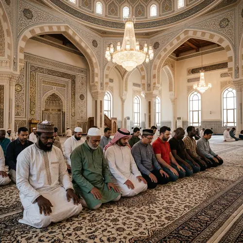 Diverse Men Engaged in Prayer at Grand Mosque