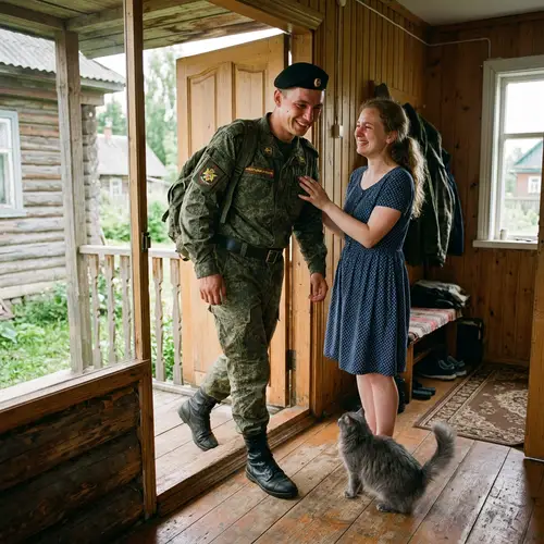 Russian Soldier Returns Home to Wife and Gray Cat - Realistic Scene
