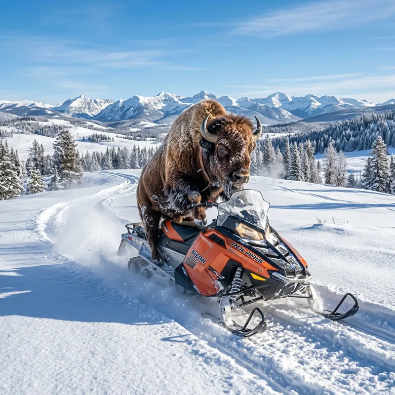 Furious Bison Riding Snowmobile on Snowy Landscape Furious Bison Riding Snowmobile on Snowy Landscape