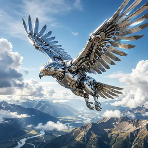 Robotic Eagle Soaring in the Sky - Futuristic Mechanical Bird