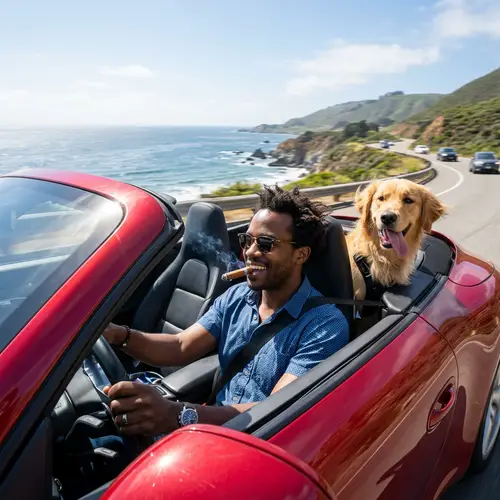 Black Man Driving Sports Car with Cigar & Dog