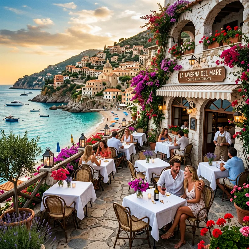 Charming Mediterranean Seaside Café Experience