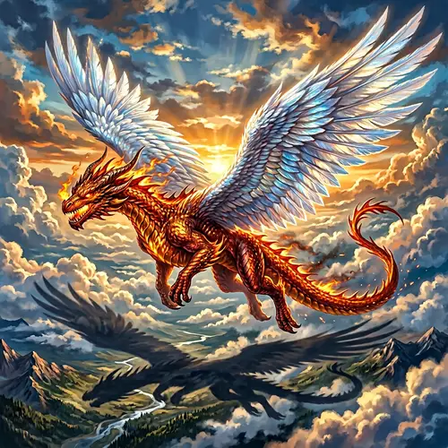 Fiery Dragon with Angel Wings Soaring Through the Sky