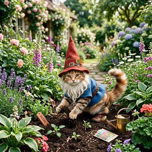 Unique Gnome-Cat Creature in Lush Green Garden