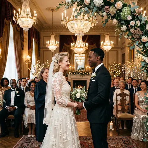 Vintage Glamour Wedding Scene with Interracial Couple Exchanging Vows