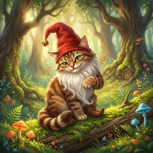 Mischievous Gnome Cat: Enchanting Fantasy Digital Painting