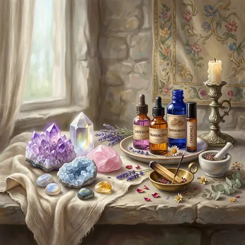 Serene Still Life: Essential Oils & Crystals Artwork