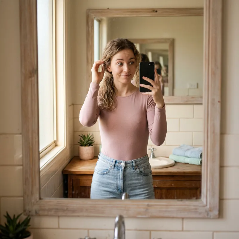 Candid Bathroom Selfie: Slender Model in Pastels