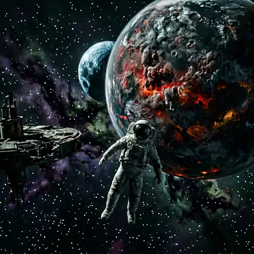 Eerie Astronaut in Space with Sinister Planets