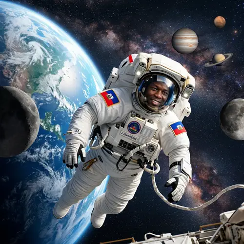 Male Haitian Astronaut amidst Planets and Cosmos