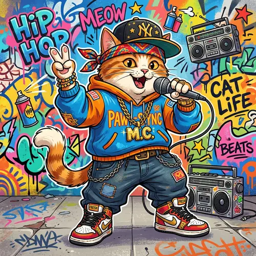 Cartoon Cat Rapper in Stylish Outfit | Hip-Hop Microphone Pose