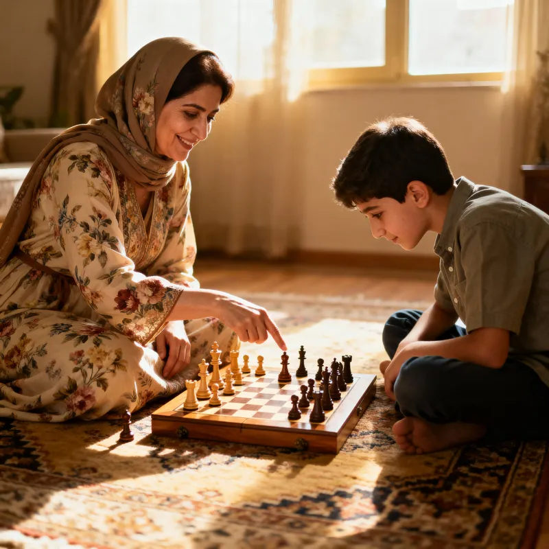 Iranian Mother and Son Enjoy Chess Together