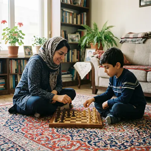 Iranian Mother and Son Enjoy Chess Together