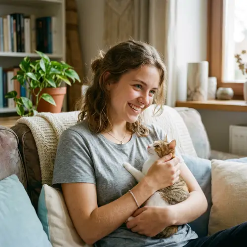Girl with Blue Eyes Holding Cat | Cozy Homely Scene
