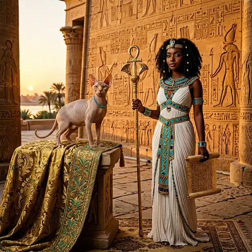 Majestic Sphinx Cat and Egyptian Girl Art