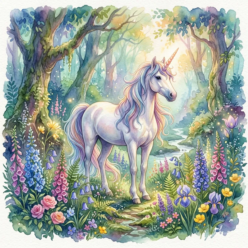 Mystical Forest with Unicorn: A Dreamy Watercolor