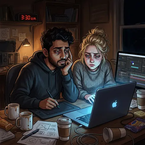 Tired Graphic Designers Burning Midnight Oil | Exhausted Creatives at Work
