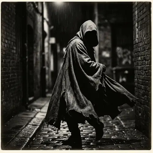 Mysterious Cloaked Figure in Dramatic Black and White