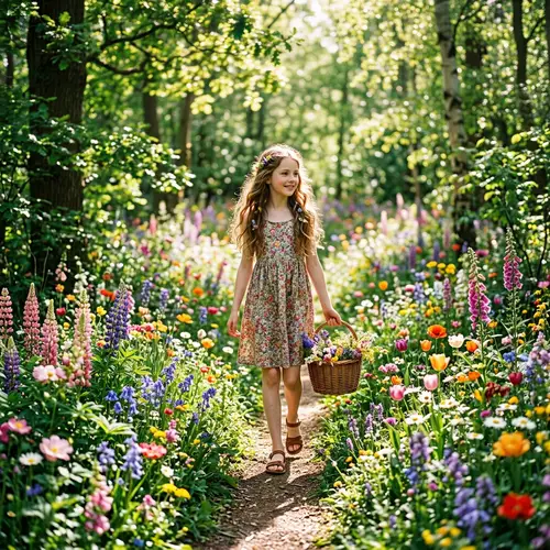 Enchanting Forest Stroll: Young Girl Amid Colorful Flowers