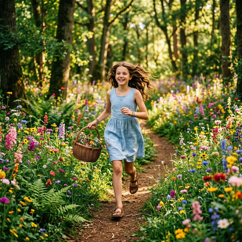 Youthful Girl in Enchanting Forest of Vibrant Flowers