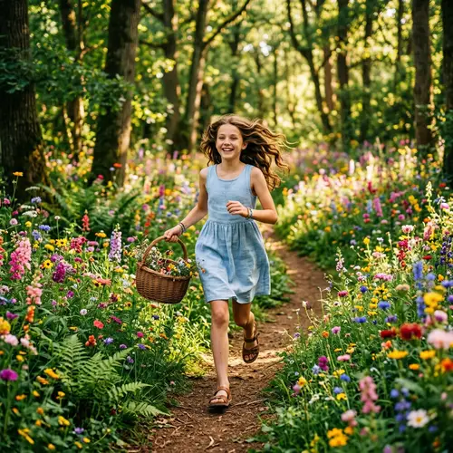 Youthful Girl Running Through Forest of Infinite Colors