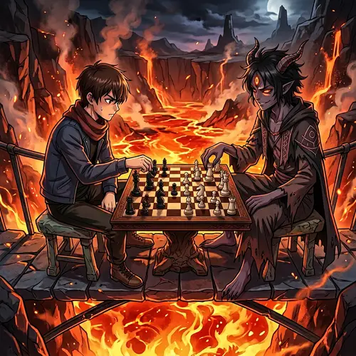 Anime-Style Chess Battle Over Lava Chasm - Dramatic Illustration