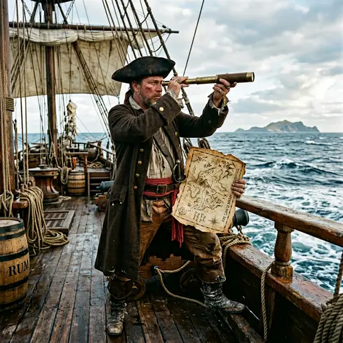 Male Pirate Searching for Treasure at Sea