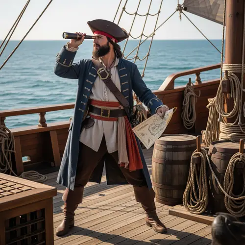 Male Pirate Searching for Treasure at Sea