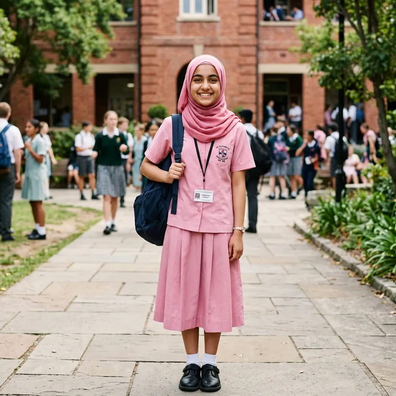Beautiful Hijabi Girl with Black Eyes in Pink School Uniform