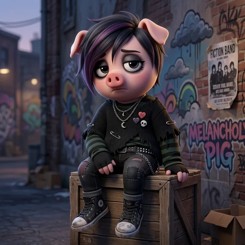 Modern Emo Piglet: Pixar-Style Concept Art Modern Emo Piglet: Pixar-Style Concept Art
