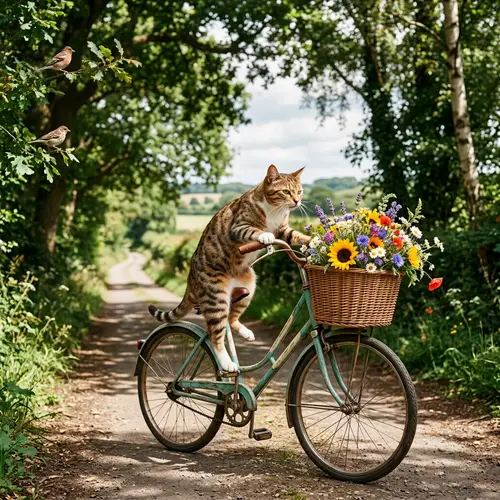 Cute Spotted Cat Riding Vintage Bicycle | Whimsical Scene