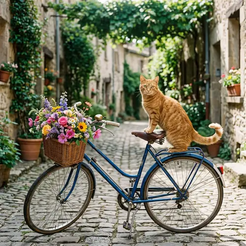 Ginger Tabby Cat on Vintage Bicycle | Colorful Flower Basket